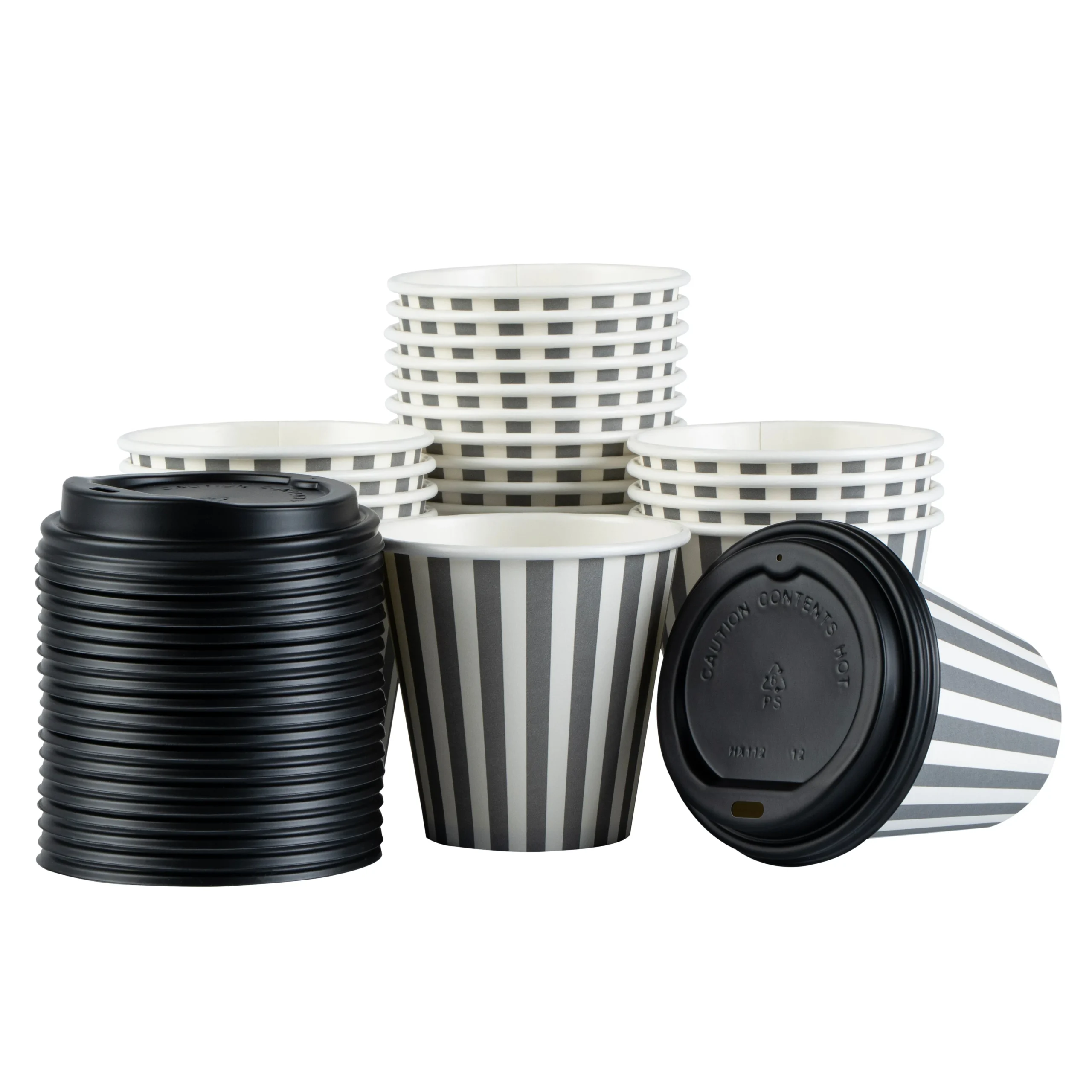 Cups, Hot, Restpresso 8 Ounce, Paper, Gray & White Stripe, Single Wall, 3.50 x 3.50 x 3.25 Inch, with Black Lid,20 - 20 COUNT