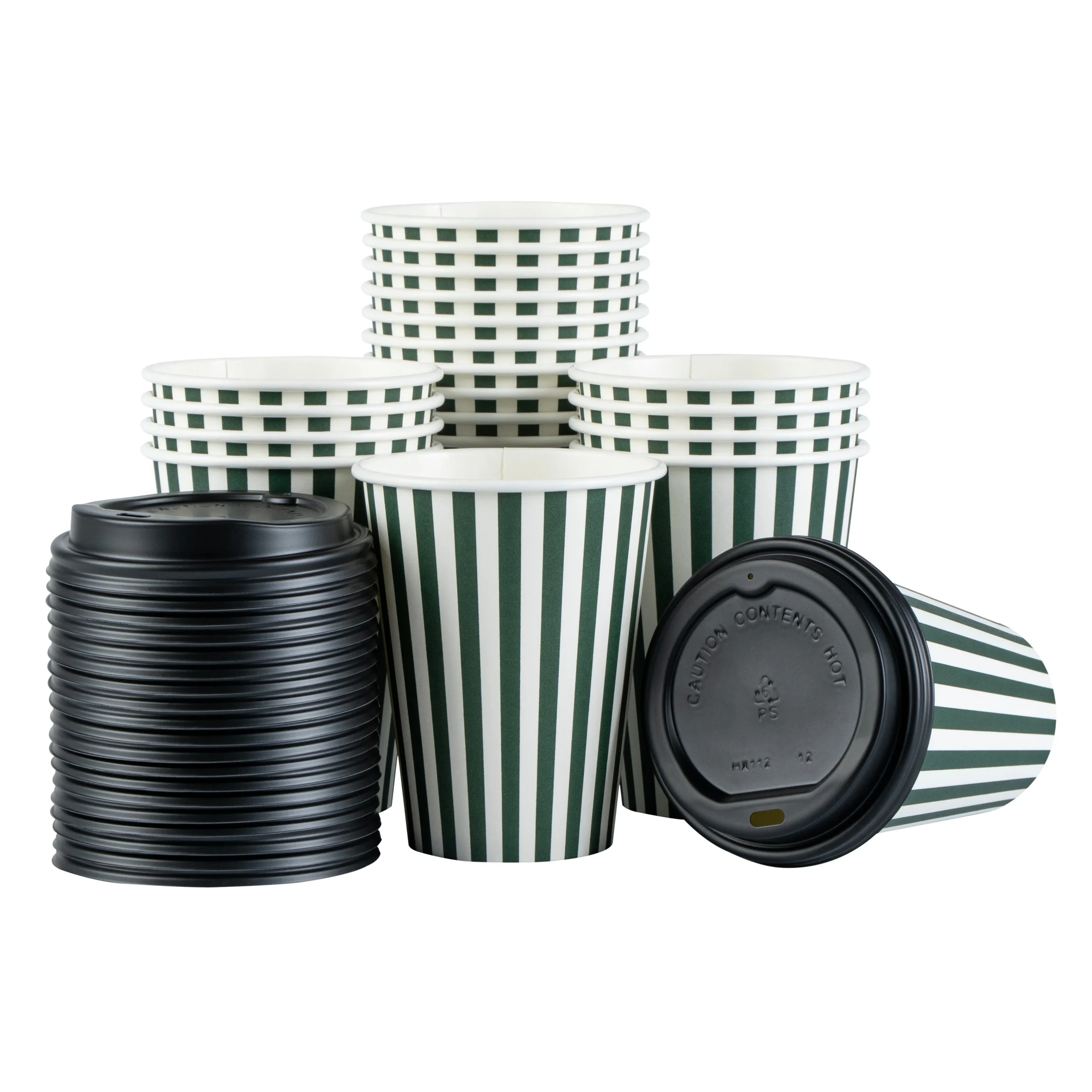 Cups, Hot, Restpresso 12 Ounce, Paper, Forest Green & White Stripe, Single Wall, 3.50 x 3.50 x 4 Inch, with Black Lid,20 - 20 COUNT