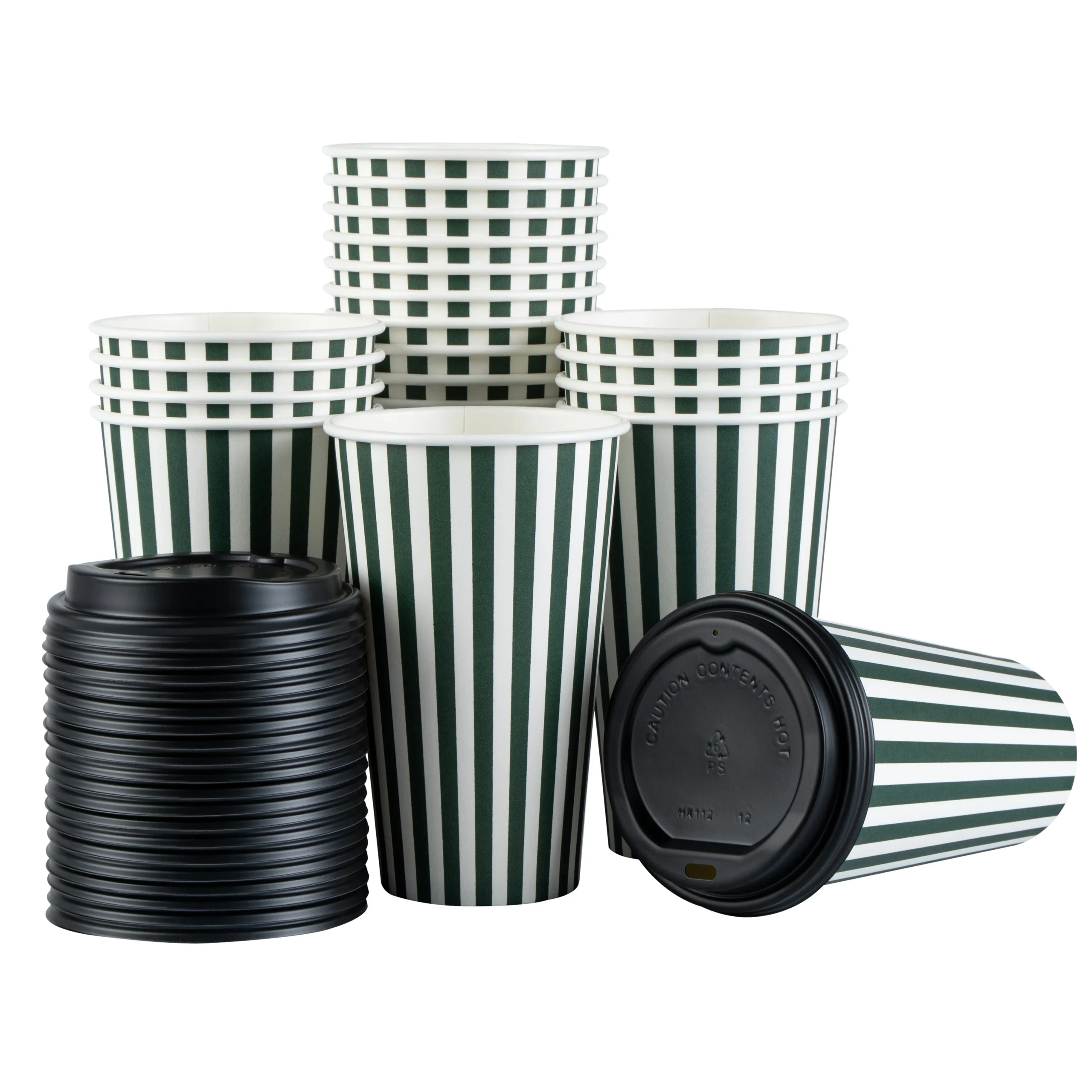Cups, Hot, Restpresso 16 Ounce, Paper, Forest Green & White Stripe, Single Wall, 3.50 x 3.50 x 5.50 Inch, with Black Lid,20 - 20 COUNT