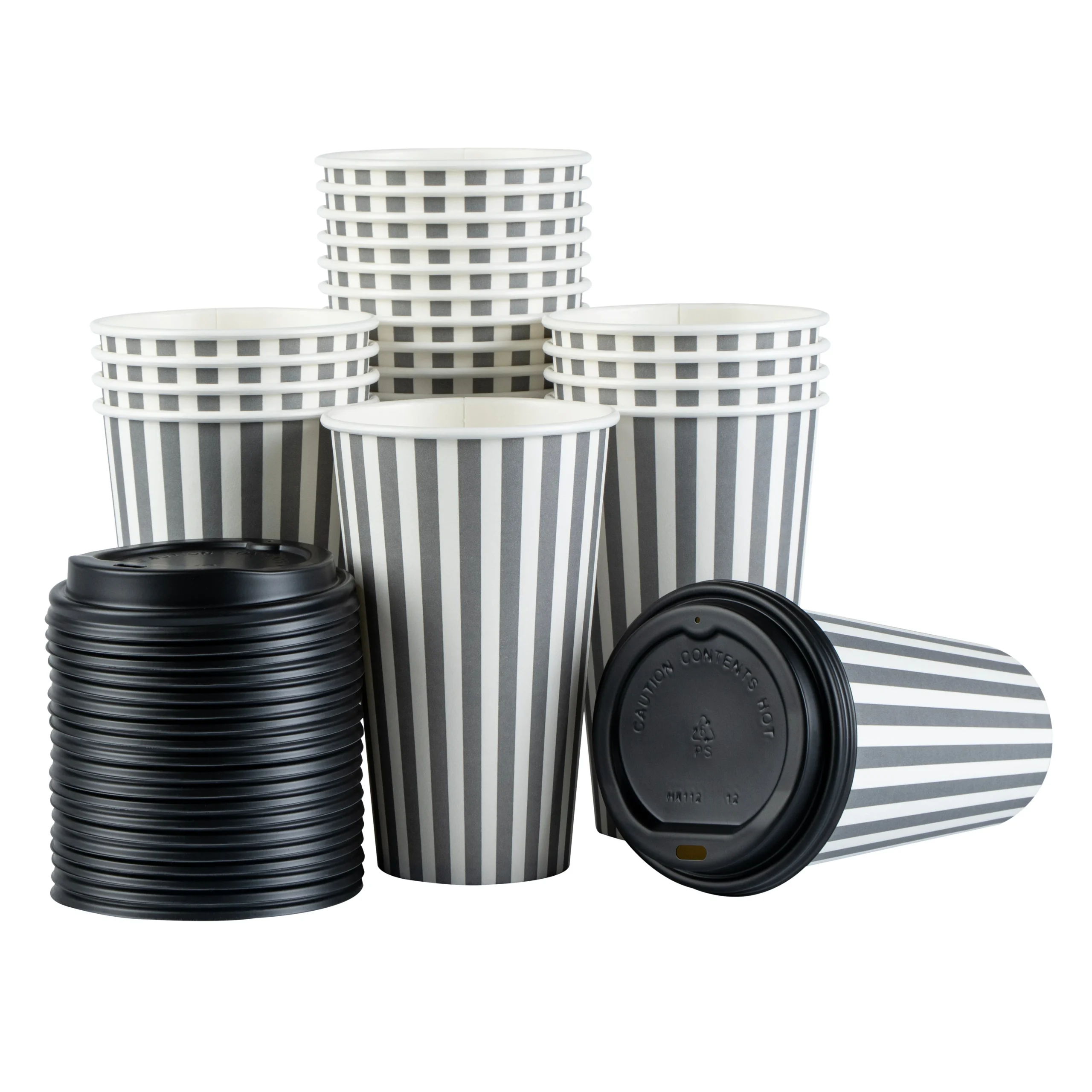 Cups, Hot, Restpresso 16 Ounce, Paper, Gray & White Stripe, Single Wall, 3.50 x 3.50 x 5.50 Inch, with Black Lid,20 - 20 COUNT