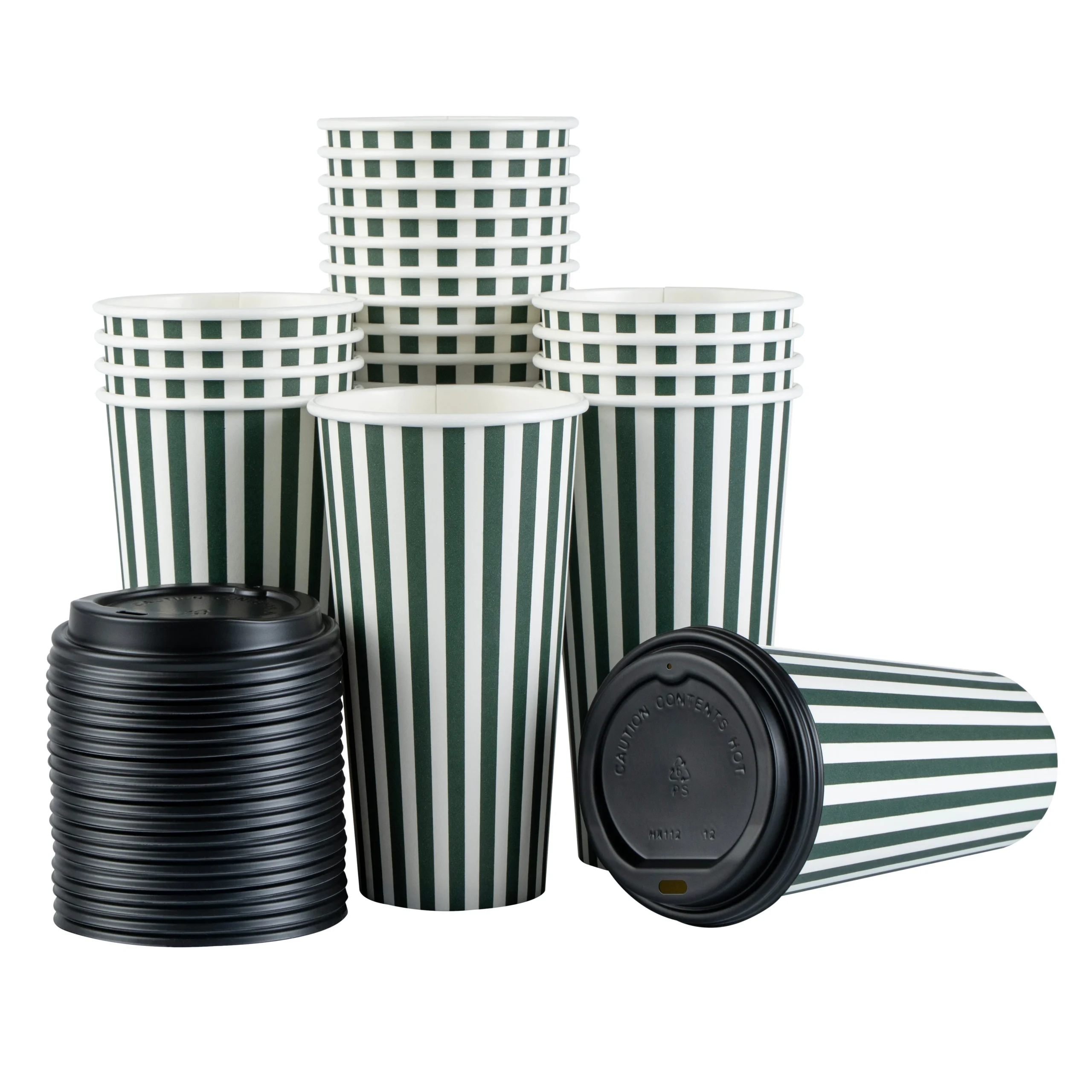 Cups, Hot, Restpresso 20 Ounce, Paper, Forest Green & White Stripe, Single Wall, 3.50 x 3.50 x 6.25 Inch, with Black Lid,20 - 20 COUNT