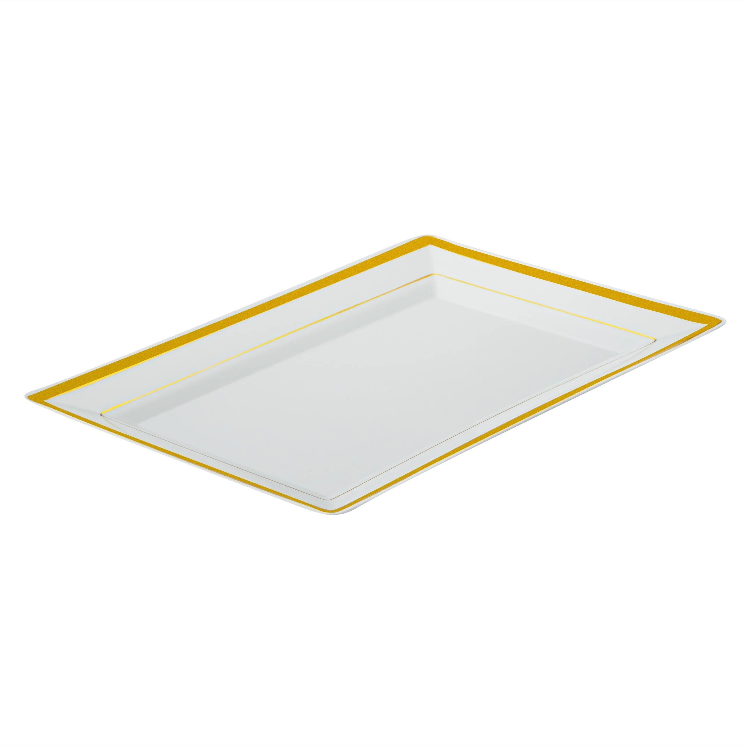 Plates, Moderna 9.50 x 6.25 x 0.50 Inch, Plastic, White, Gold-Rim, Rectangular,10 - 1 EACH