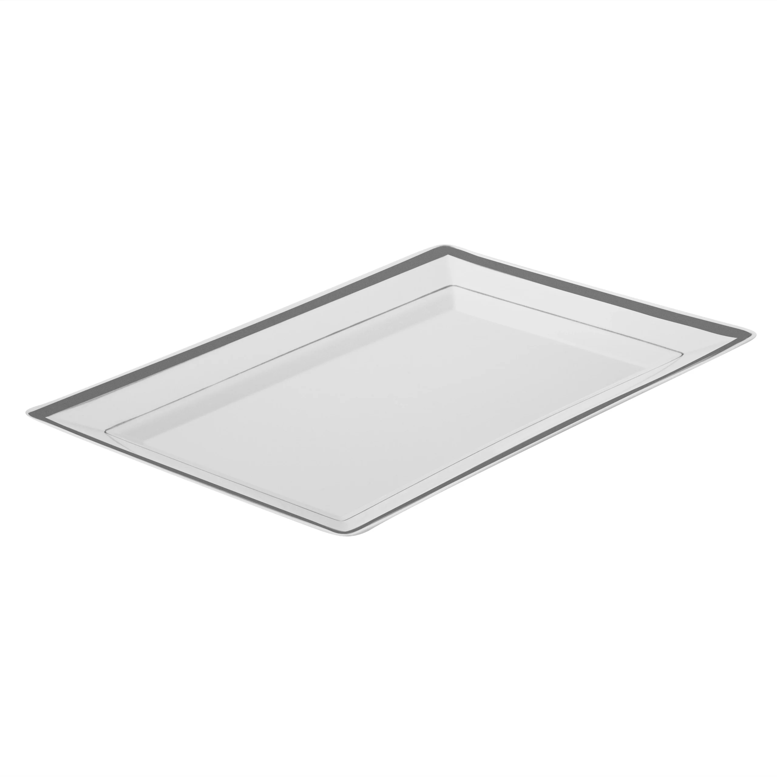Plates, Moderna 9.50 x 6.25 x 0.50 Inch, Plastic, White, Silver-Rim, Rectangular,10 - 10 COUNT