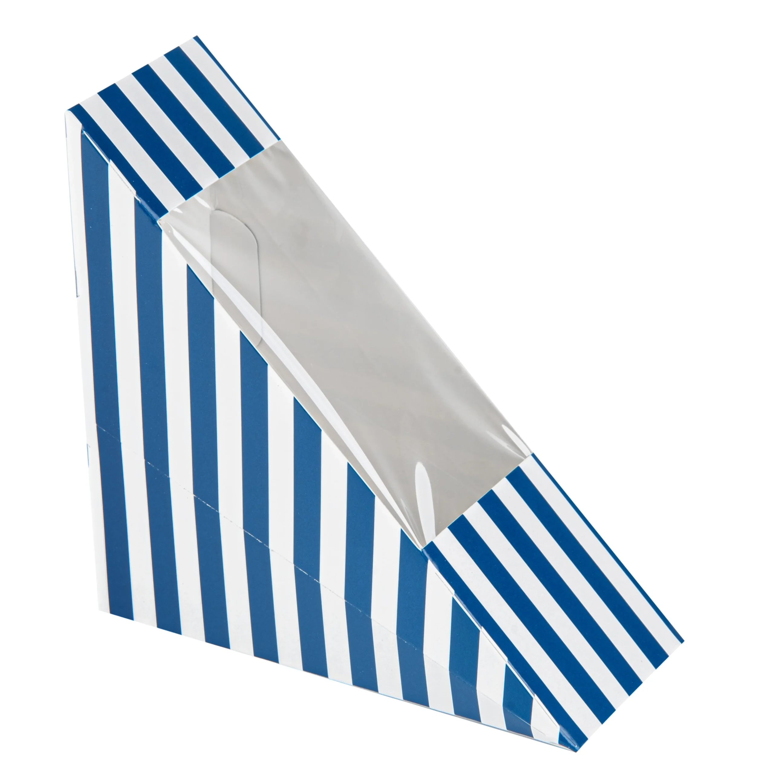 Boxes, Sandwich, Cafe Vision Small, Paper, Blue & White Stripe, 4.75 x 4.75 x 2 Inch, Wedge, with Window,8 - 25 COUNT