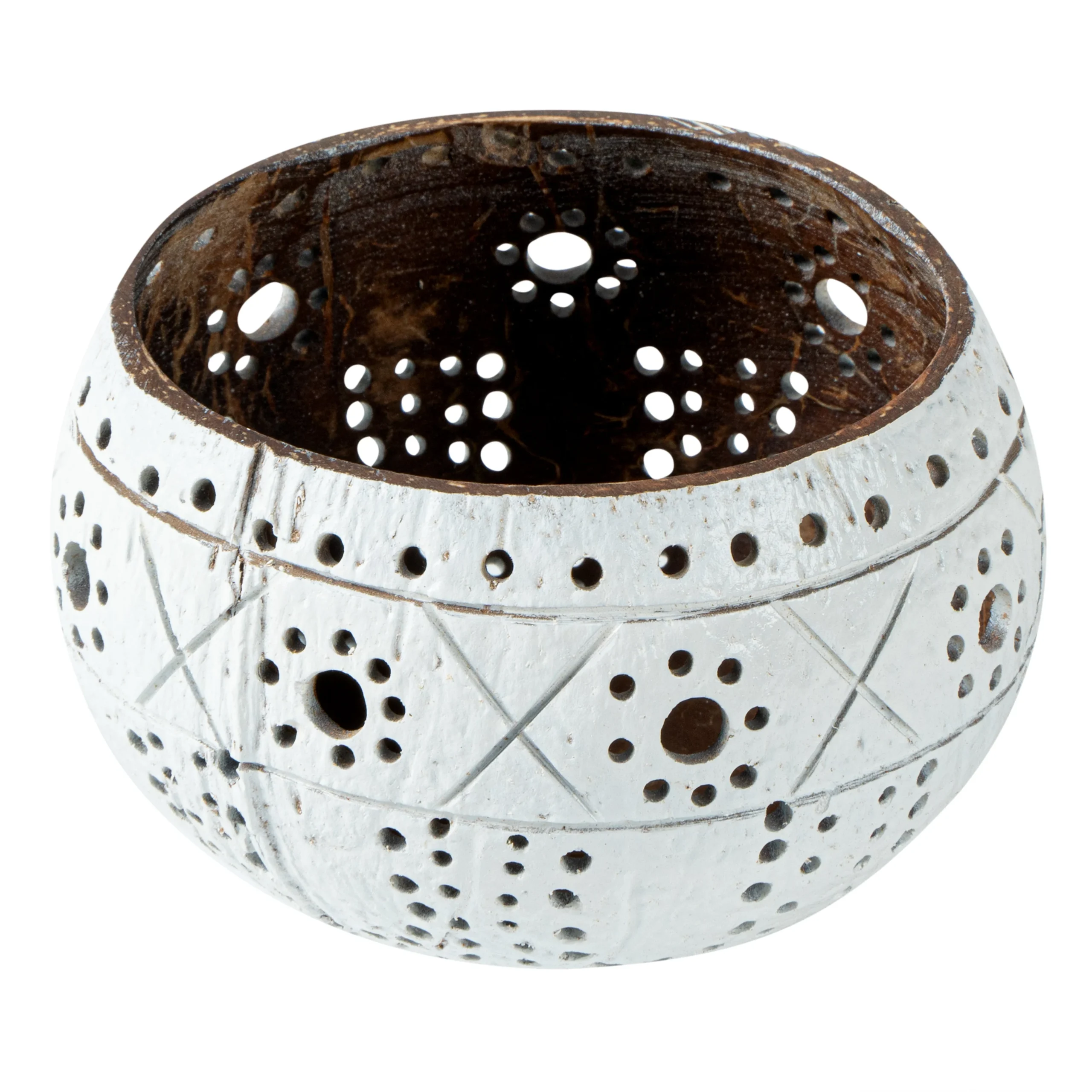 Holders, Candle, Coco Casa, 4 x 4 x 3.25 Inch, Coconut Shell, White, Sun & Light Pattern,10 - 1 EACH