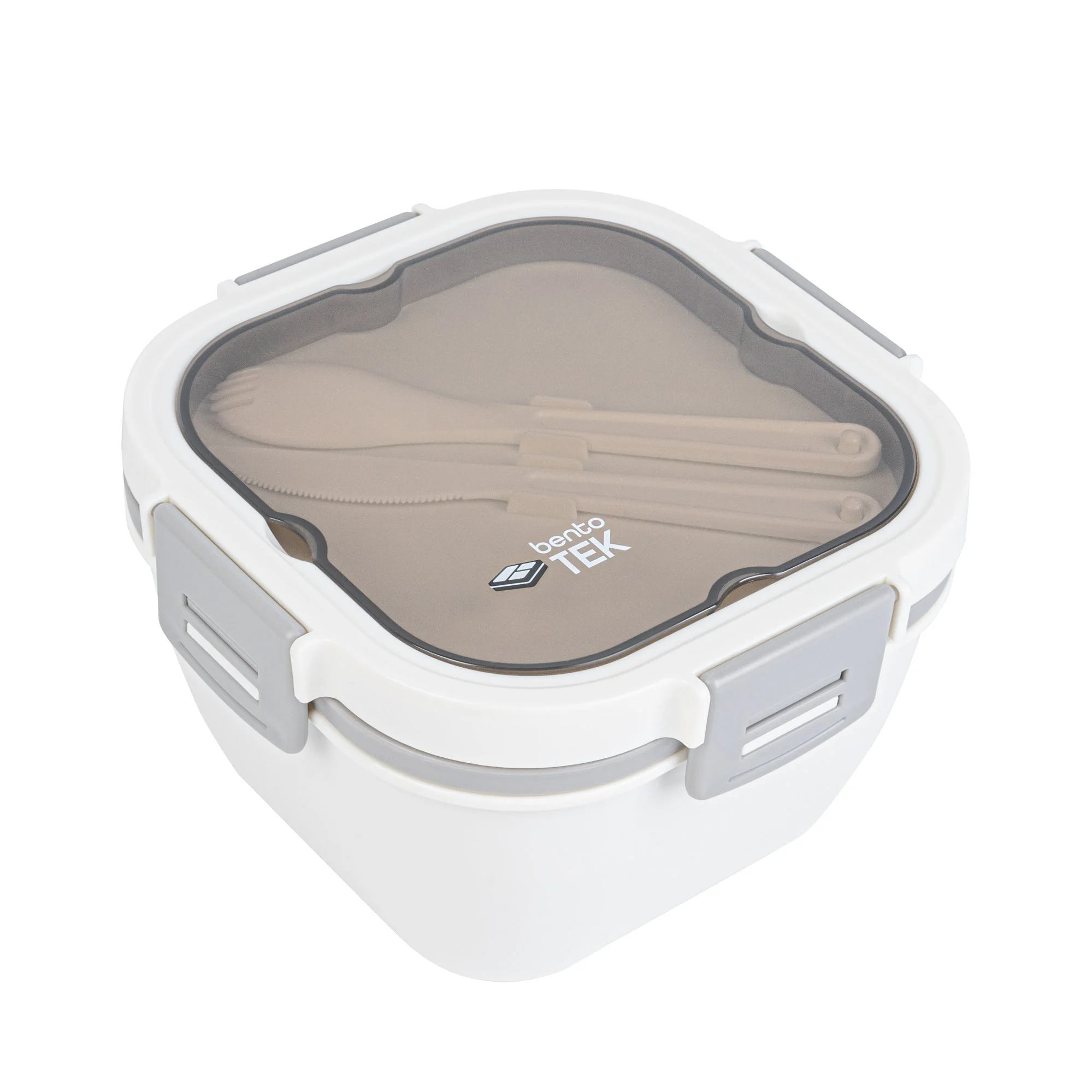 Box, Lunch, Bento Tek 58 Ounce, Microwave-Safe, White & Gray, Includes Fork & Knife, 7.25 x 7.25 x 4.25 Inch,1 - 8 PIECE