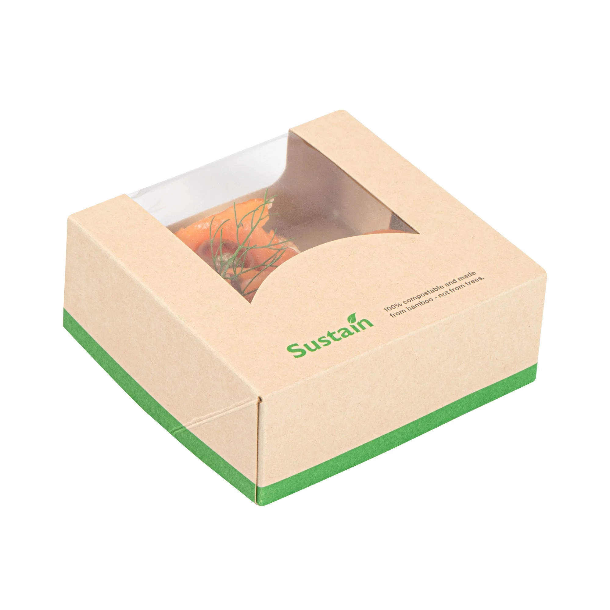 Containers, Take-Out, Sustain 11 Ounce, PLA-Lined Bamboo Paper, 4 x 4 x 1.50 Inch, Small, with Window,4 - 50 COUNT