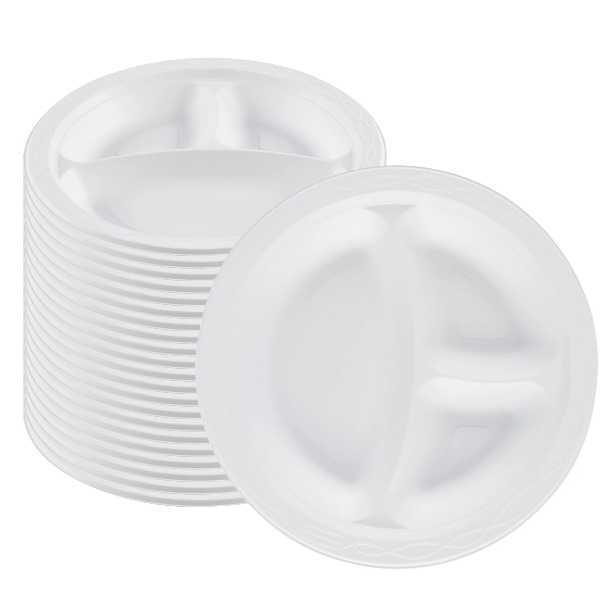 Plates, 3-Compartment, RW Base 9 x 9 x 0.75 Inch, Microwavable Plastic, White, Round,2 - 50 COUNT