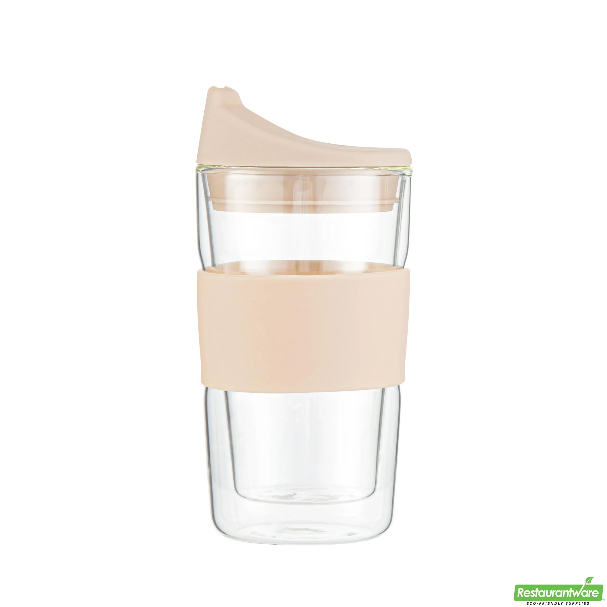Mugs, Travel, Forma Glass, 12 Ounce, Double-Wall, Borosilicate, includes Tan Lid & Sleeve,10 - 1 EACH
