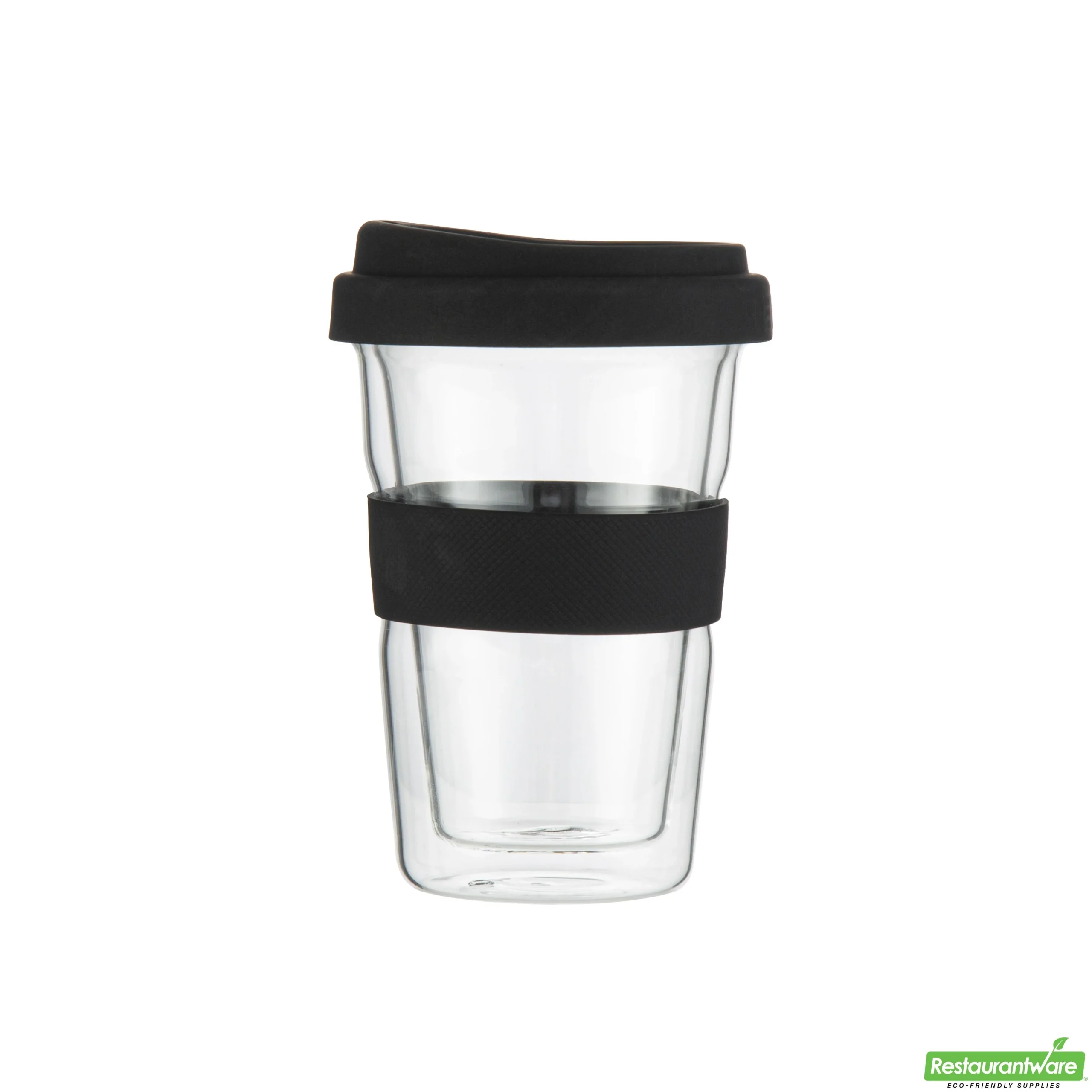 Mugs, Travel, Forma Glass, 14 Ounce, Double-Wall, Borosilicate, includes Black Lid & Sleeve,10 - 1 EACH