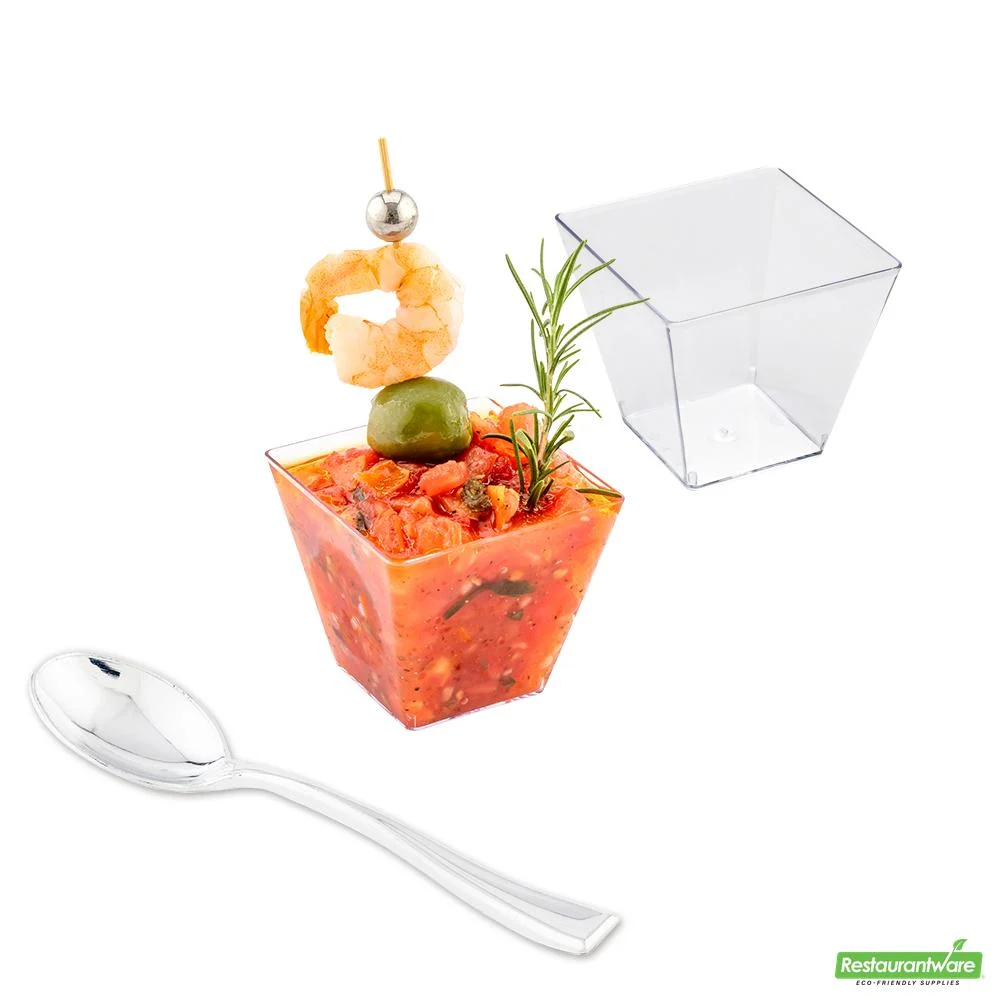 Cup Set, Kova 4 Ounce, Plastic, Clear, Square, includes 4 Inch Silver Plastic Spoons,5 - 20 COUNT