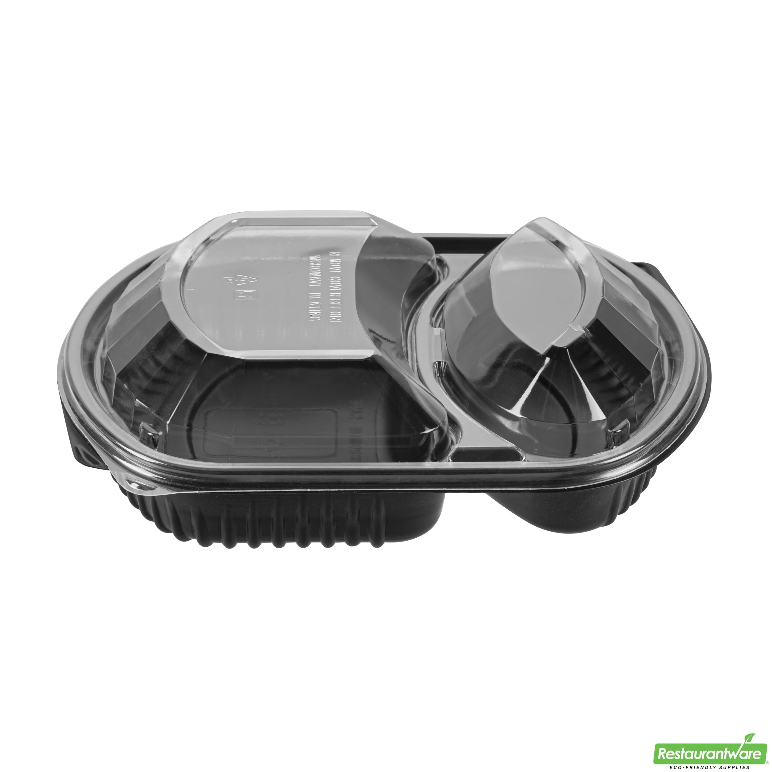 Containers, 2-Compartment Food, RW Base 36 Ounce, Microwavable Plastic, Black, 9.25 x 8 x 2.75 Inch, Rectangular, includes Clear Lid,50 - 2 PIECE