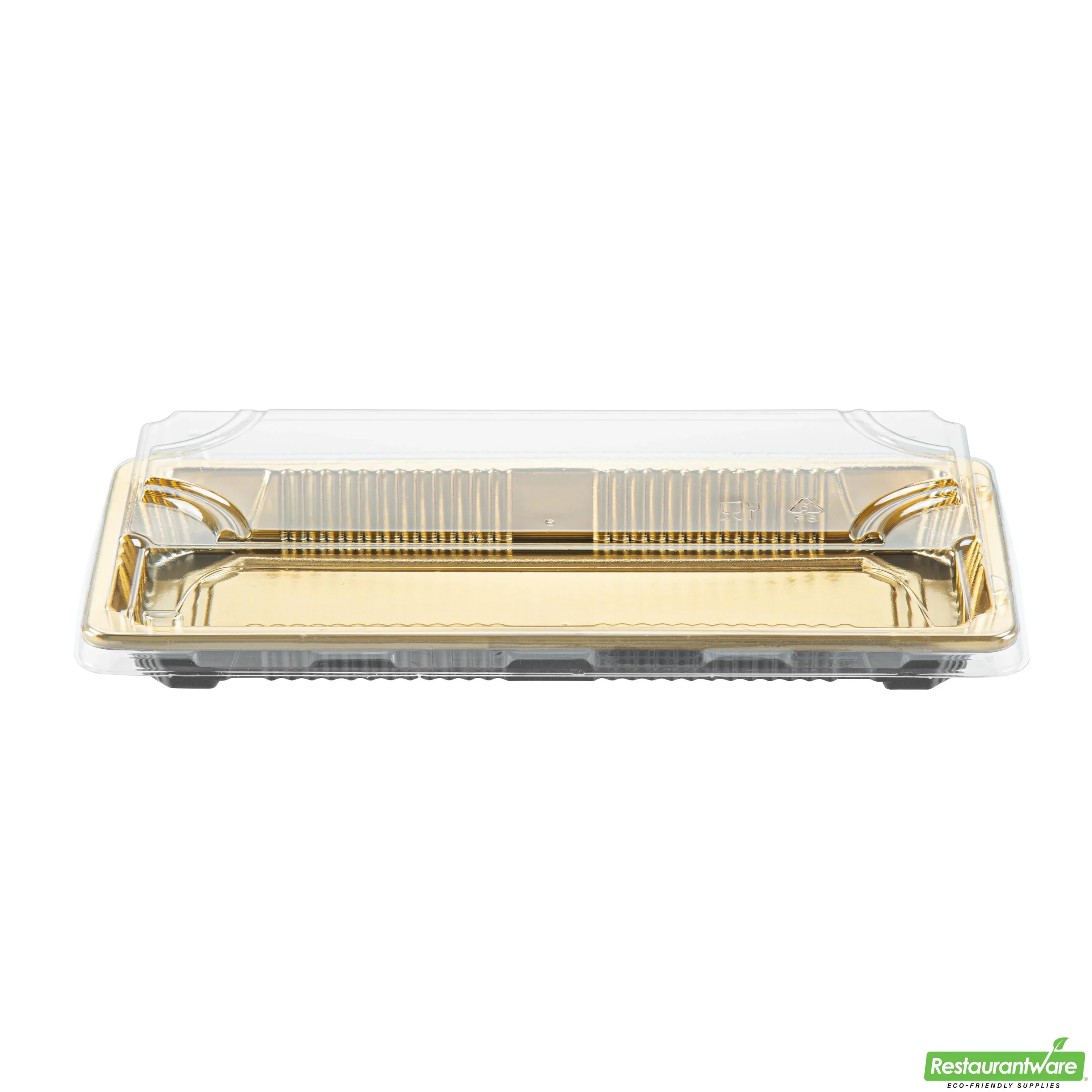 Trays, Take-Out Sushi, Roku 8.50 x 3.25 x 1.75 Inch, Plastic, Gold, Rectangular, includes Clear Lid,100 - 2 PIECE