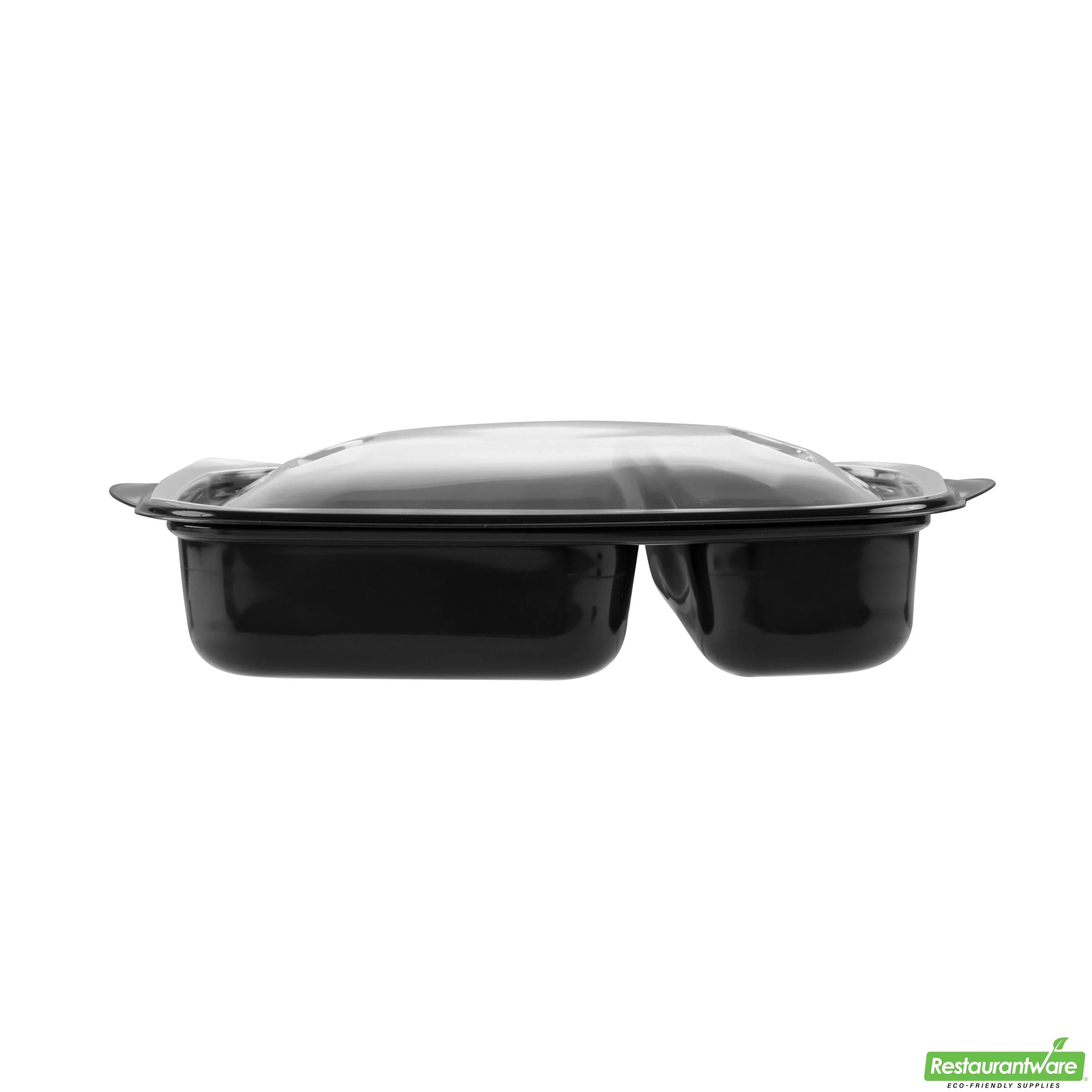 Containers, 2-Compartment Food, RW Base 36 Ounce, Microwavable Plastic, Black, 8.75 x 7 x 2.25 Inch, Rectangular, includes Clear Lid,2 - 50 COUNT