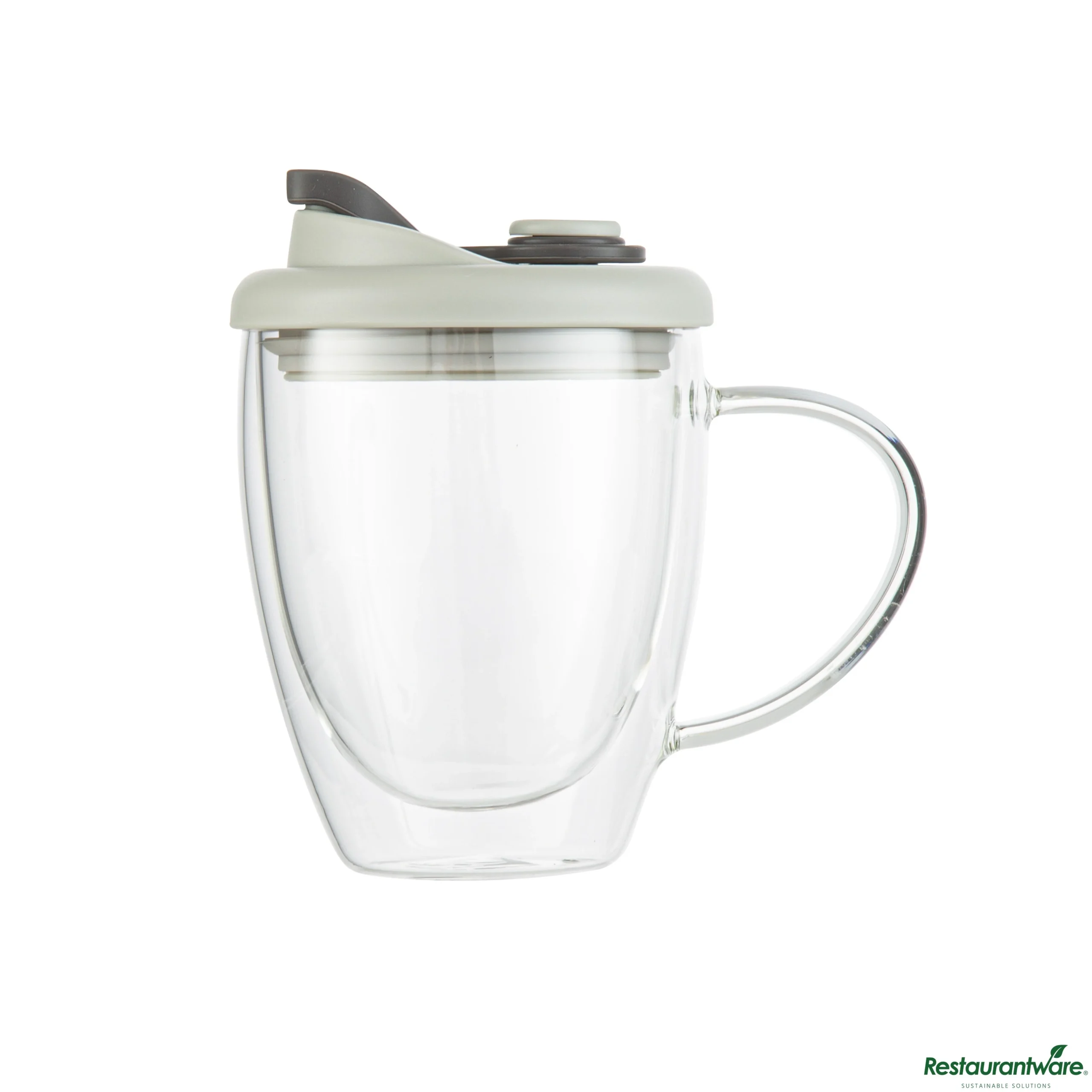 Mugs, Travel, 12 Ounce, Glass, Double Wall, with Handle & Gray Lid,10 - 1 EACH