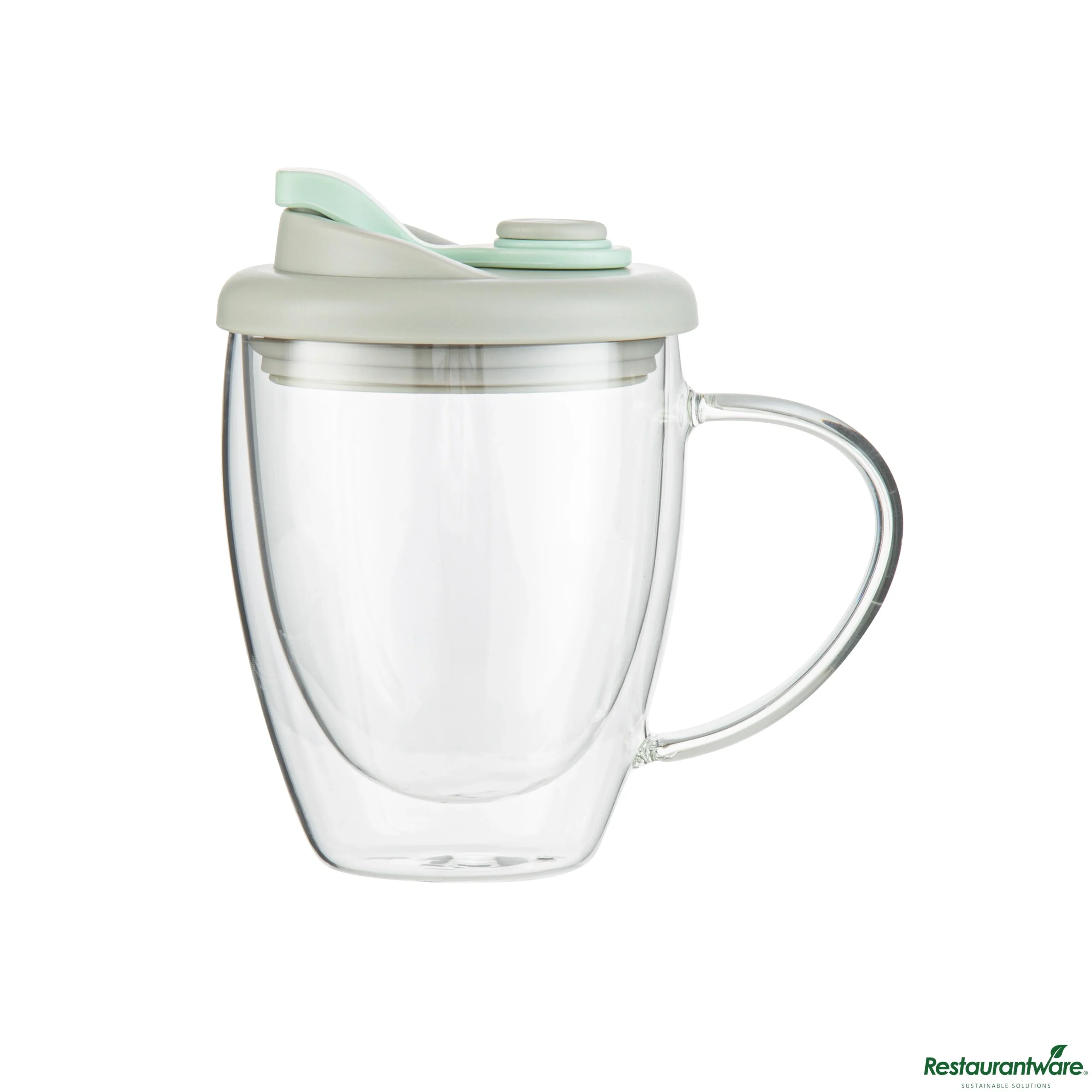 Mugs, Travel, 12 Ounce, Glass, Double Wall, with Handle & Gray and Green Lid,10 - 1 EACH