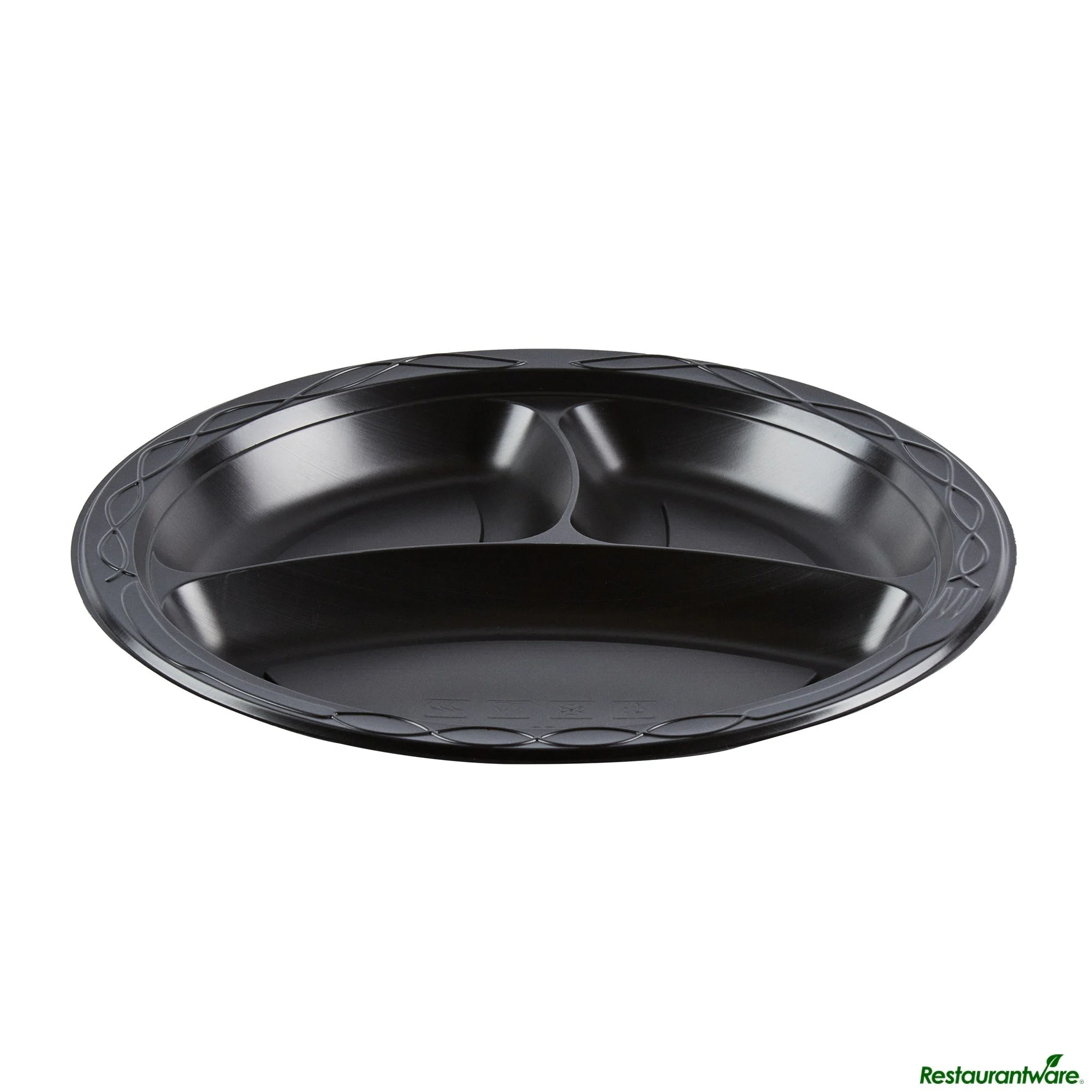Plates, 3-Compartment, RW Base 10.25 x 10.25 x 0.75 Inch, Microwavable Plastic, Black, Round,50 - 1 EACH