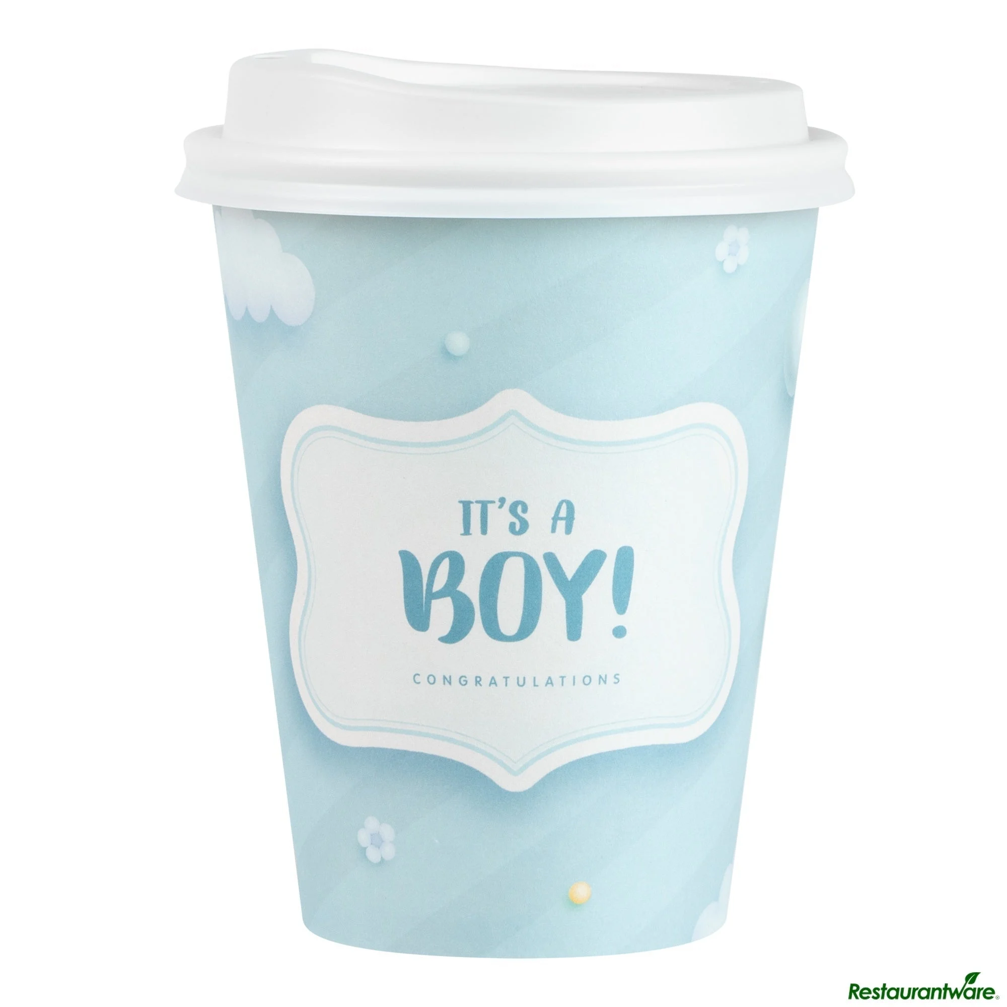 Cups, Hot, Restpresso 12 Ounce, Paper, It's a Boy, Single Wall, 3.5 x 3.5 x 4.75 Inch, with White Lid,20 - 1 EACH