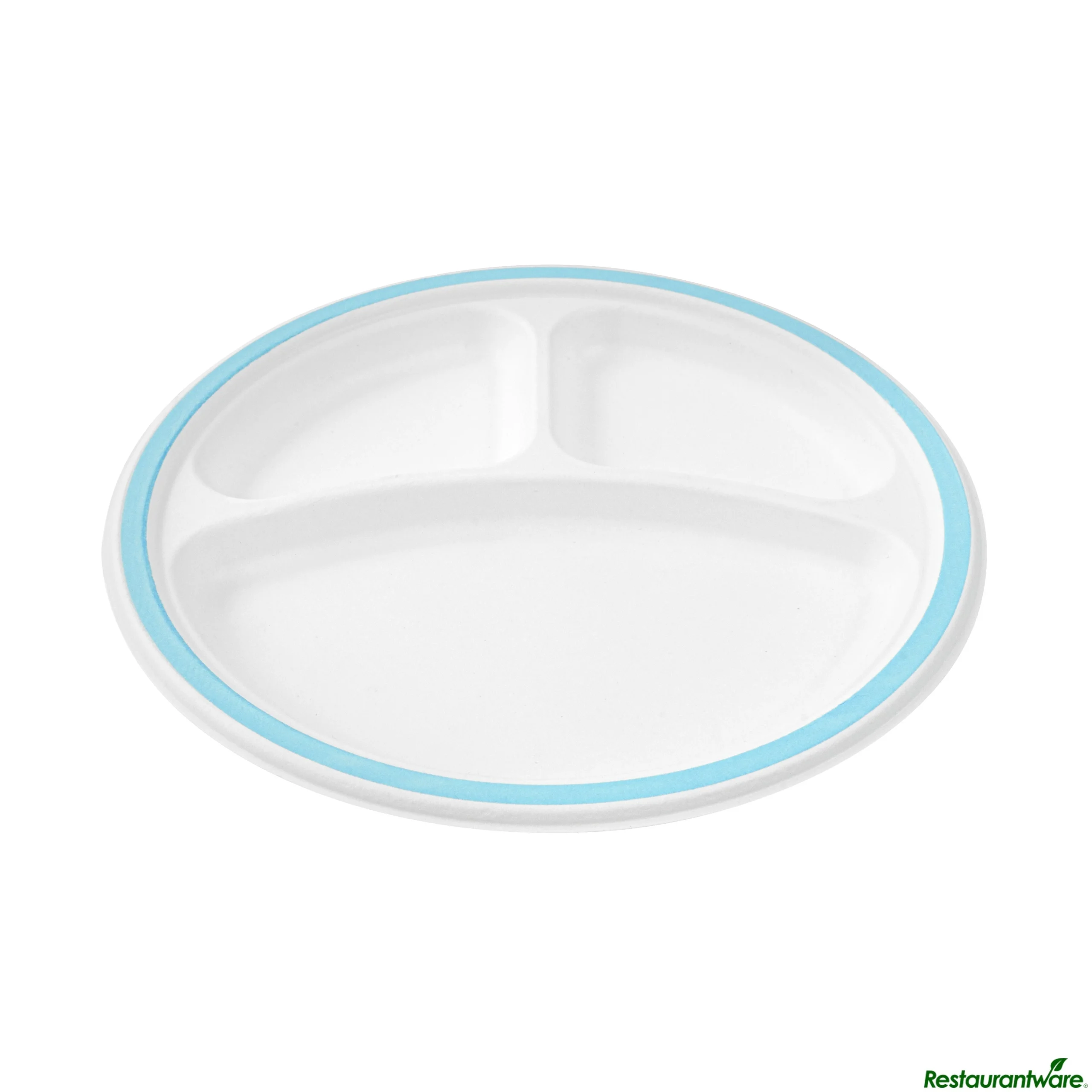 Plates, 3-Compartment, 10.25 Inch, Sugarcane, White, with Blue Rim,4 - 25 COUNT