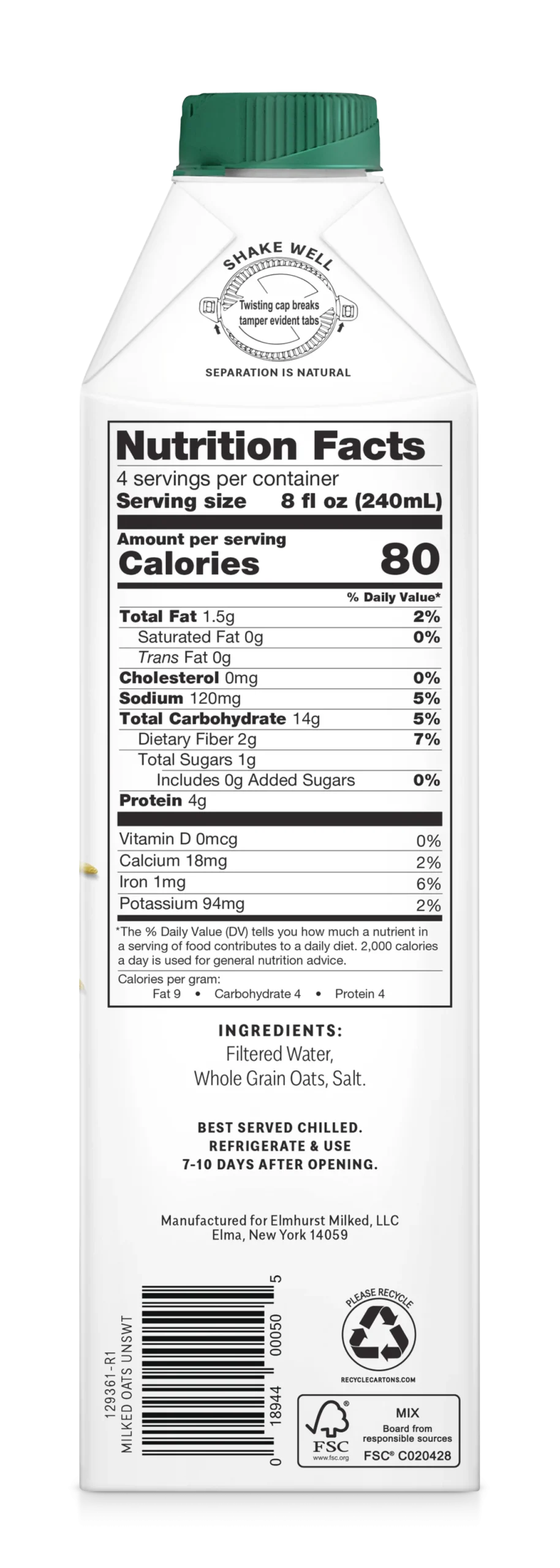 Elmhurst Milked Milked Unsweetened Oats 32 Fluid Ounce - 6 Per Case.