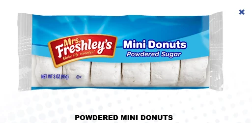 Mrs. Freshley's Sugar Mini Donuts 3 Ounce Size - 72 Per Case.