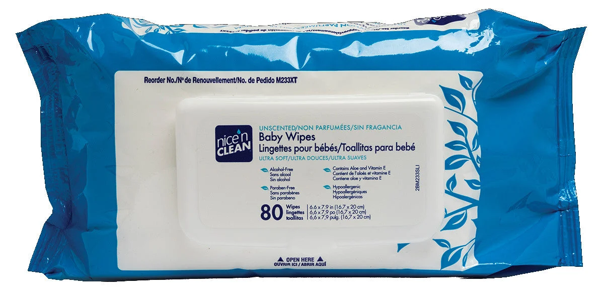 Nice 'n Clean Baby Wipes Unscented Solo Pack 80 Count Packs - 12 Per Case.