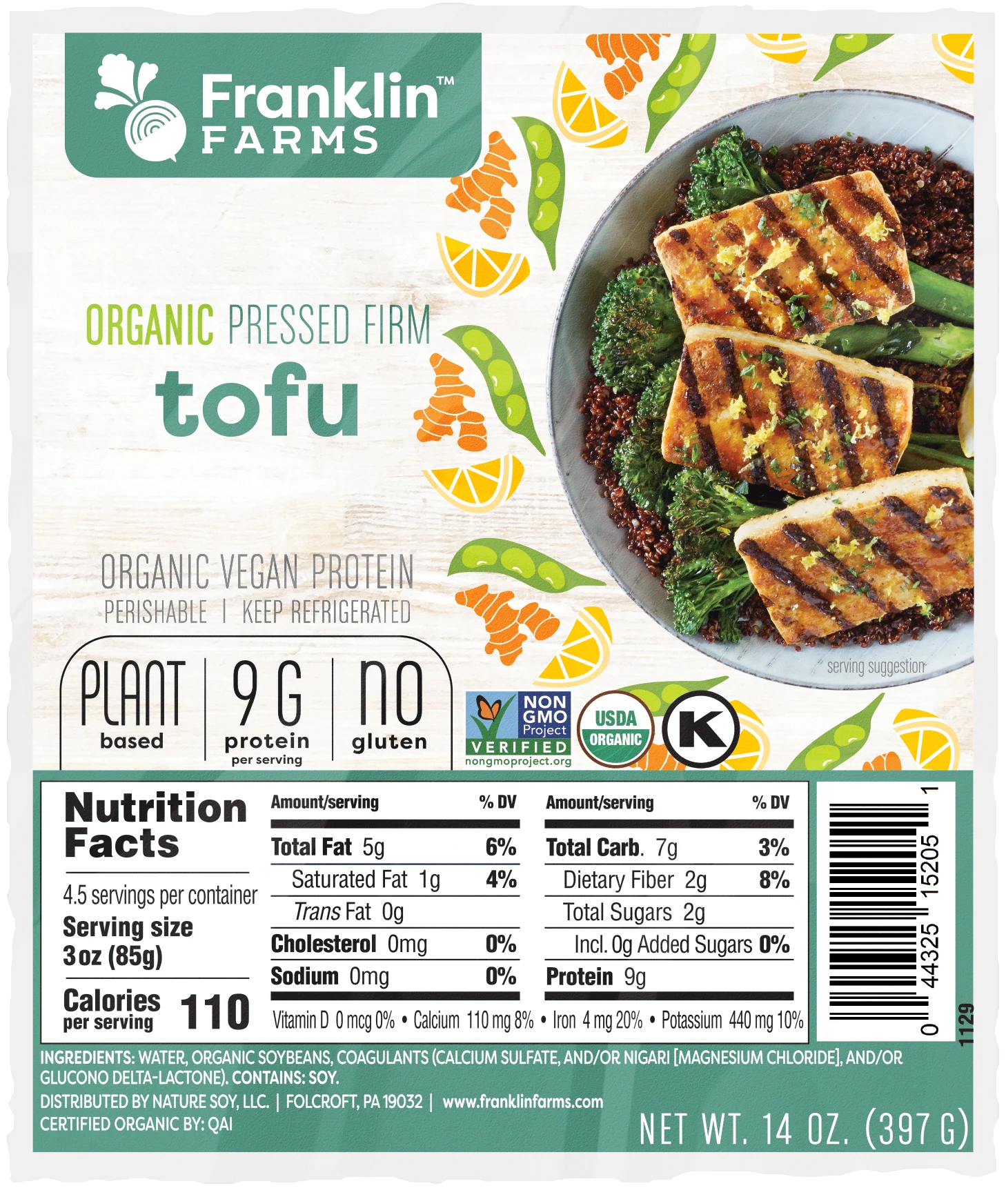 Franklin Farms Firm Pressed Tofu Vacuum Pack 14 Ounce Size - 6 Per Case.