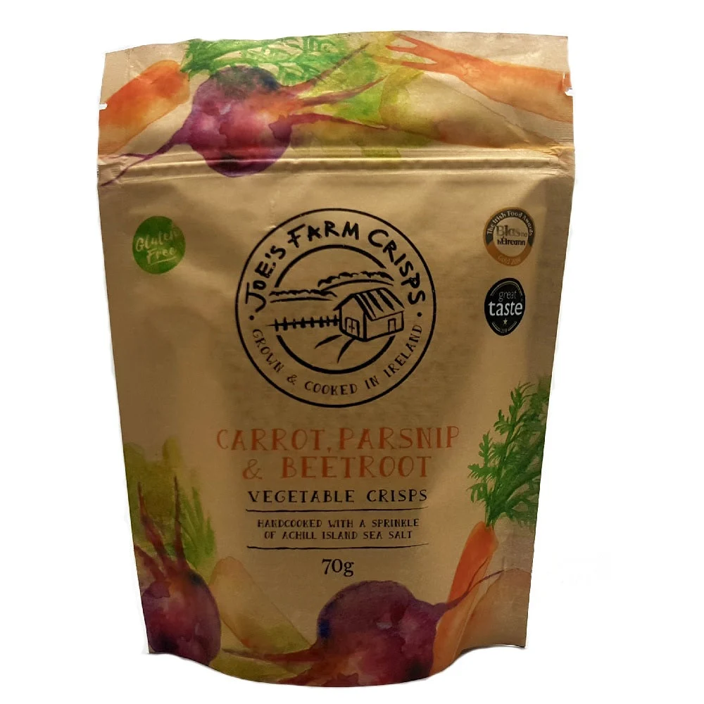 Joe's Farm Crisps Carrot Parsnip & Beetroot Vegetable Crisps with a sprinkle of Achill Island Sea Sa
