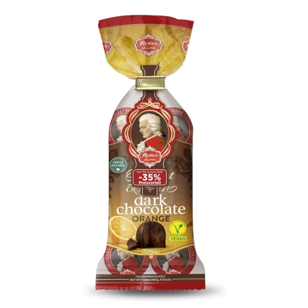 Reber Monzart Kugeln Dark Chocolate Orange Vegan 8 Stück 160g