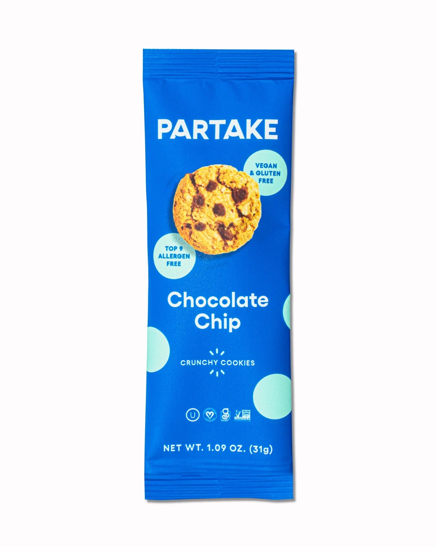 Partake Foods Crunchy Chocolate Chip Cookies Snack 1 Ounce Size - 24 Per Case.