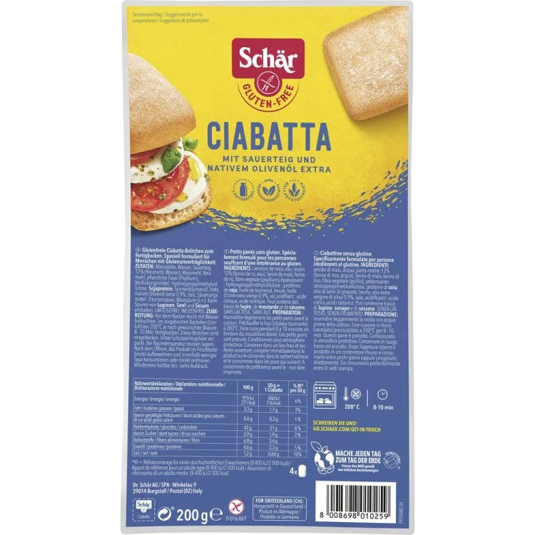 Schär Ciabatta Brötchen Glutenfrei zum Fertigbacken 200g / 7.05oz