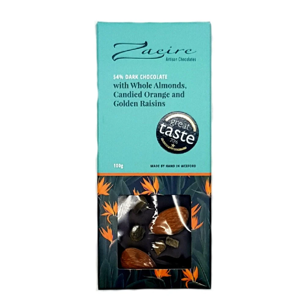 Zaeire Artisan Chocolates 54% Dark Chocolate with Whole Almonds, Candied Orange & Golden Raisins 100g