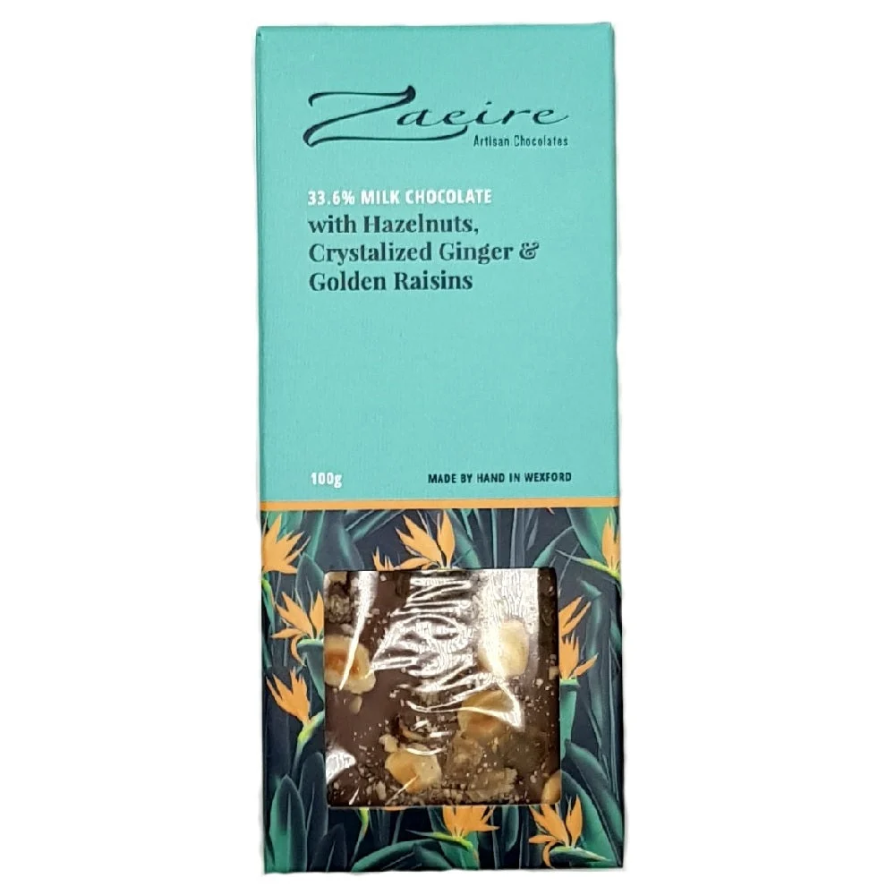 Zaeire Artisan Chocolates Milk Chocolate with Roasted Hazelnuts, Crystalized Ginger & Golden Raisins 100g