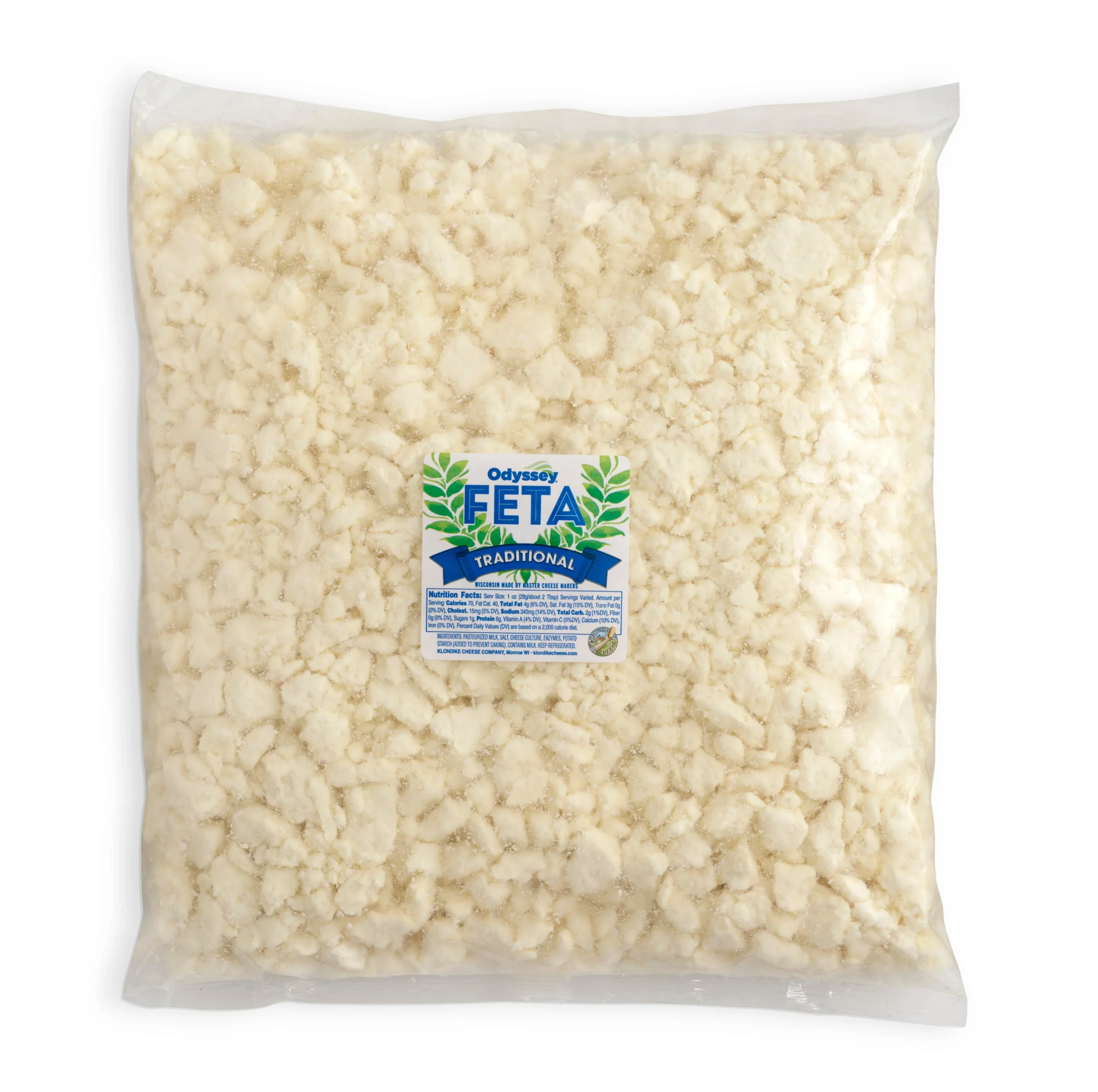 Odyssey Traditional Crumbled Feta Cheese Bag 5 Pound Each - 4 Per Case.