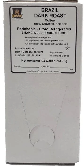 Javo Beverage Brazil Blend Dark Roast Bag Inbox 0.5 Gallon - 2 Per Case.