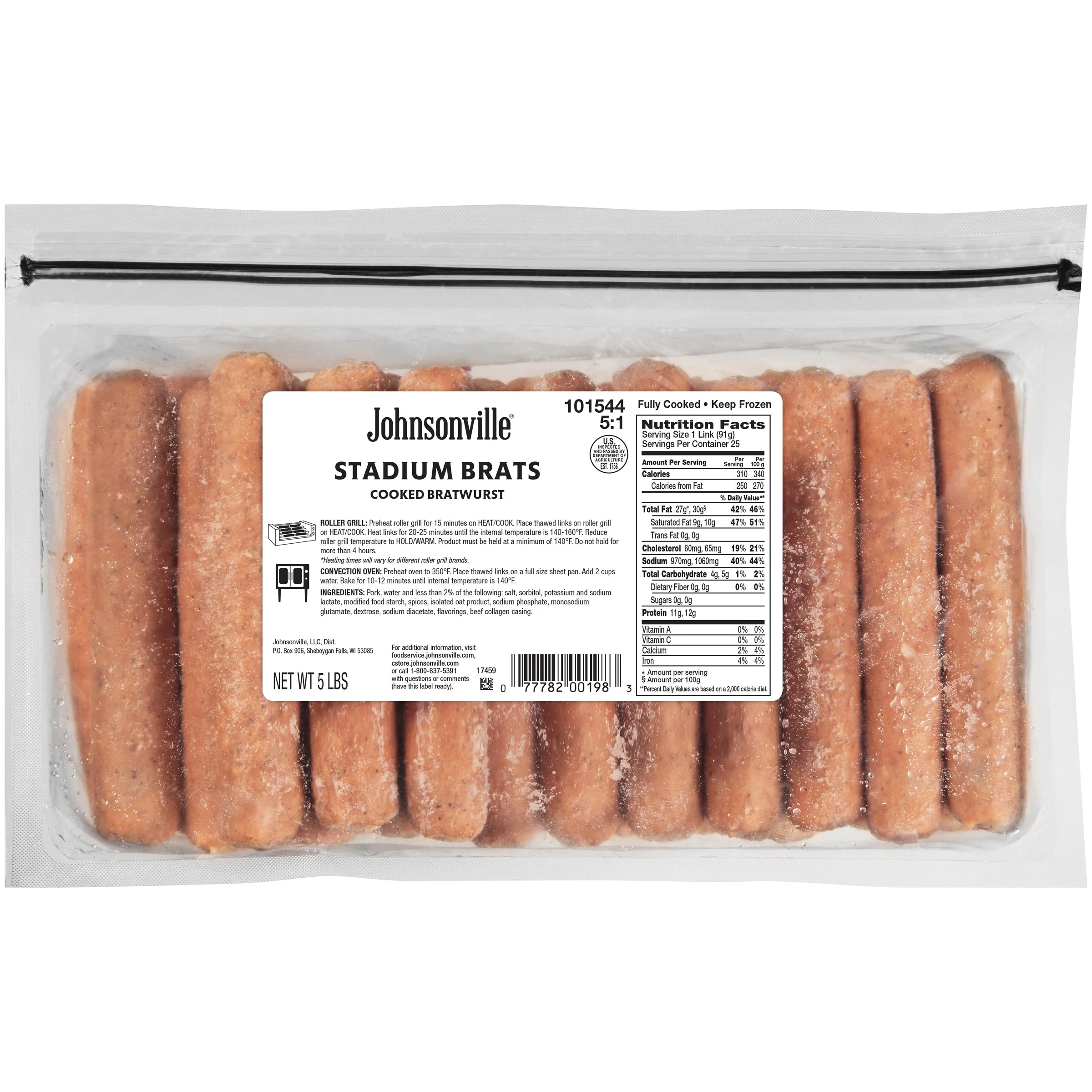 Johnsonville Cooked Stadium Style Pork Sausage Bratwurst Links Food Ser 5 Pound Each - 2 Per Case.