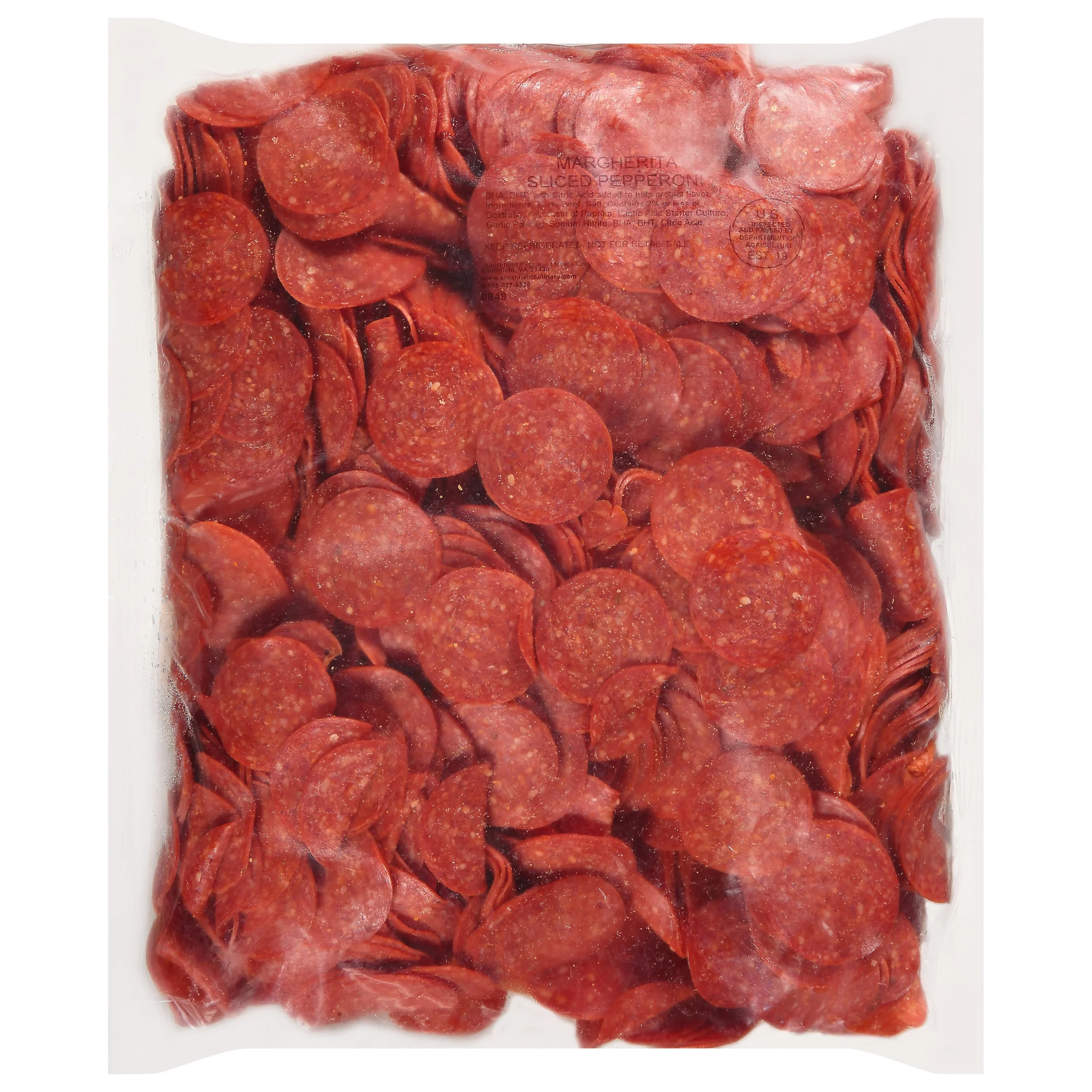 Pepperoni Sliced 5 Inch Diameter Poly Lined 5.037 Pound Each - 2 Per Case.