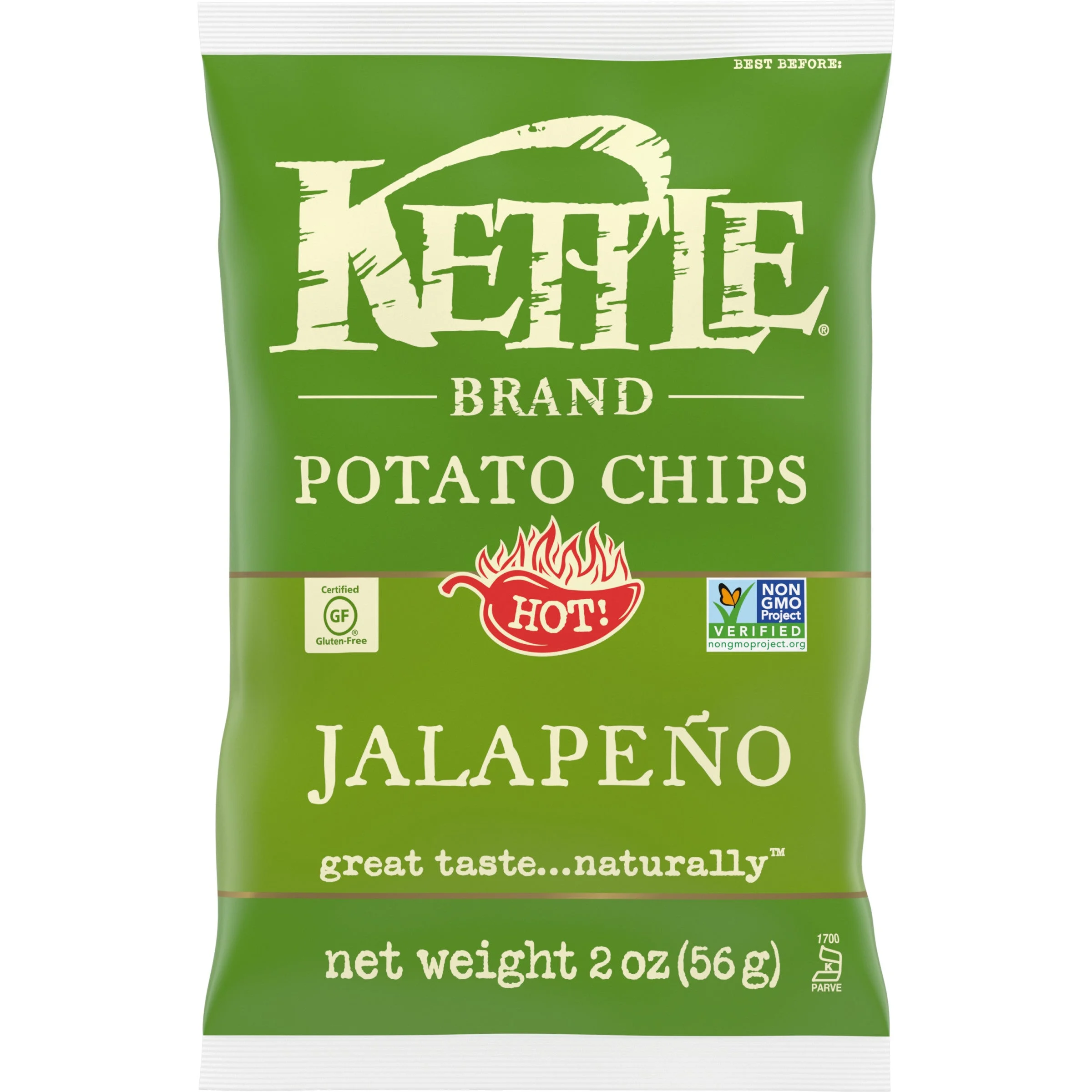 Kettle Brand Potato Chips Jalapeno Kettle Chips Snack Bag 2 Ounce Size - 6 Per Case.
