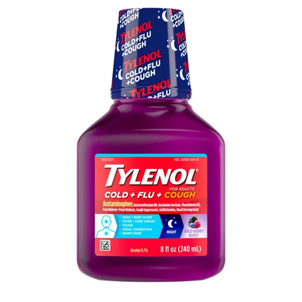 TYLENOL Cold + Flu + Cough Night Liquid Medicine with Acetaminophen Pain Reliever & Fever Reducer, Cough Suppressant, Nasal Decongestant & Antihistamine, Wild Berry Burst Flavor, 8 fl. oz