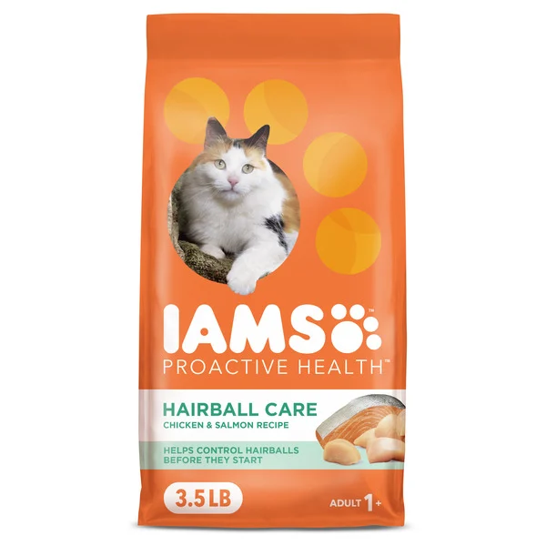 IAMS PROACTIVE HEALTH Adult Hairball Care Dry Cat Food with Chicken and Salmon Cat Kibble, 3.5 lb. Bag