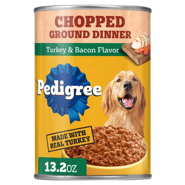 Pedigree Chopped Ground Dinner Adult Soft Wet Dog Food Turkey & Bacon Flavor, (12) 13.2 oz. Cans