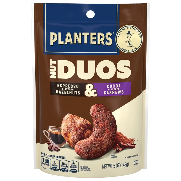 Planters Nut Duos Cocoa Flavored Cashews and Espresso Flavored Hazelnuts, Sweet, Salty Snacks, 5 oz Bag