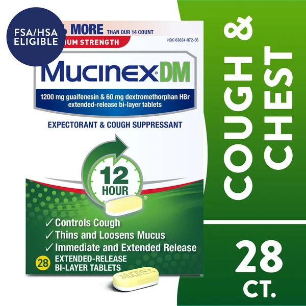 MUCINEX® DM Maximum Strength 12-Hour Expectorant and Cough Suppressant Tablets, 28 Count