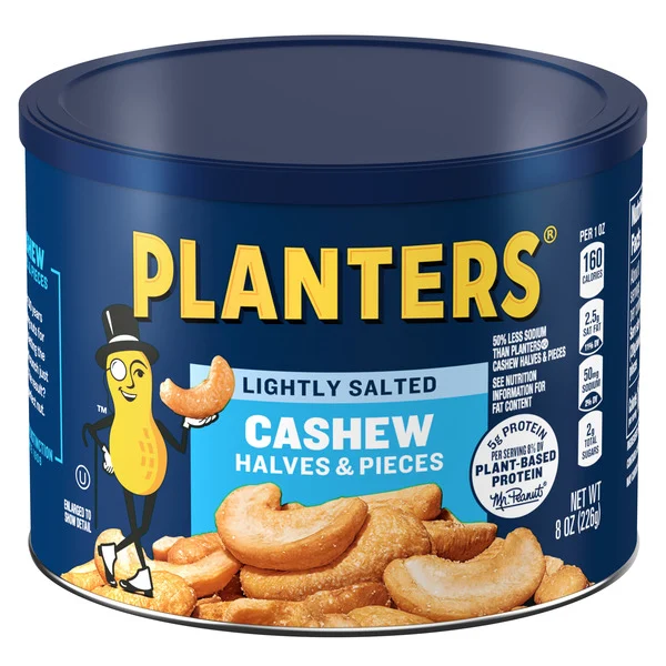 Planters Lightly Salted Cashew Halves & Pieces, Party Snacks, Plant-Based Protein, 8 Oz Canister