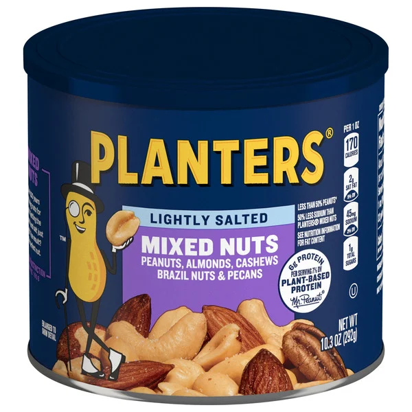 Planters Lightly Salted Mix Nuts, Party Snacks, Plant-Based Protein, 10.3 Oz Canister
