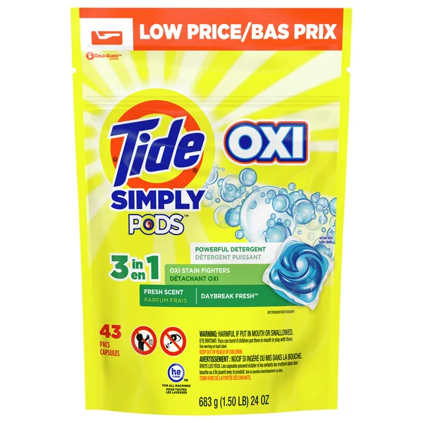 Tide Detergent, Daybreak Fresh, Oxi, Fresh Scent, Pacs