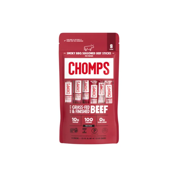 Chomps Grass-Fed and Finished Smoky BBQ Beef Snack Sticks, 8 count