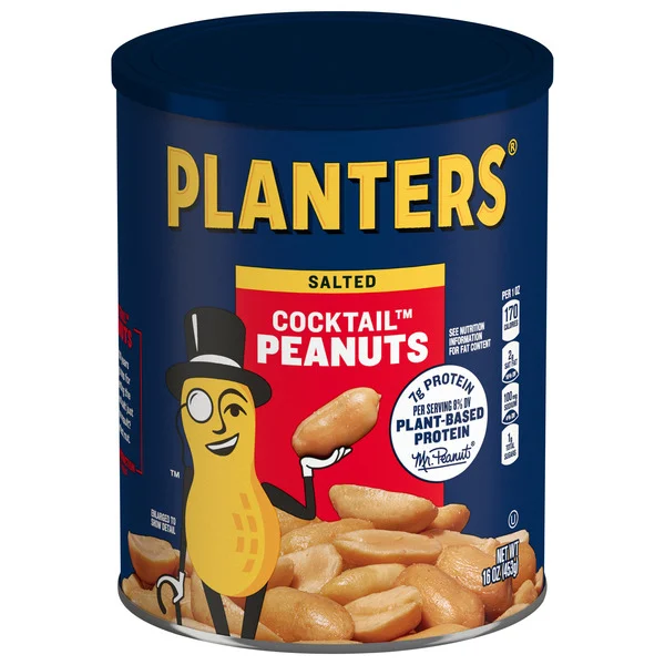 Planters Salted Cocktail Peanuts, Party Snacks, Plant Based Protein 16oz (1 Canister)