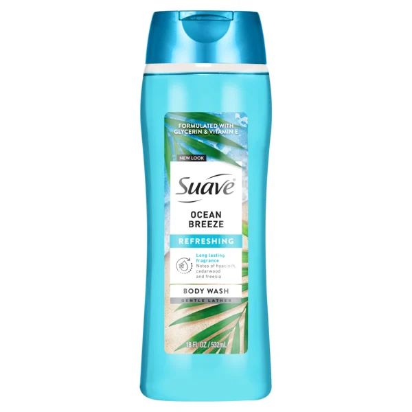 Suave Ocean Breeze Moisturizing Body Wash with Glycerin & Vitamin E, Hydrating Formula For Soft, Smooth Skin, Long Lasting Fragrance, 18 FL OZ