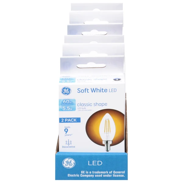 GE Light Bulbs, LED, Decorative, Classic Shape, Soft White, 5.5 Watts, 2 Pack